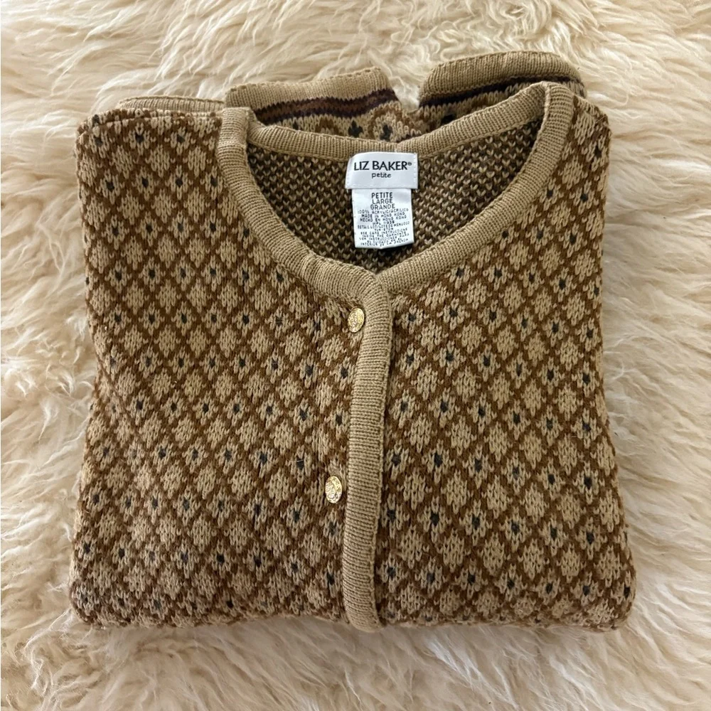 Liz Baker 80’s Fall Leaves Patterned Cardigan Sweater - Tan and Brown - Picture 6 of 6